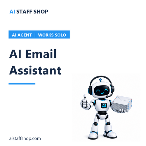 AI Email Assistant - AI Staff Shop product cover with robot mascot holding a stack of envelopes