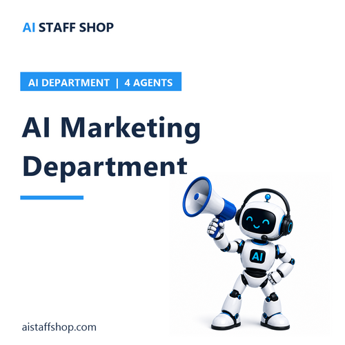 AI Marketing Department - AI Staff Shop product cover with robot mascot holding a megaphone