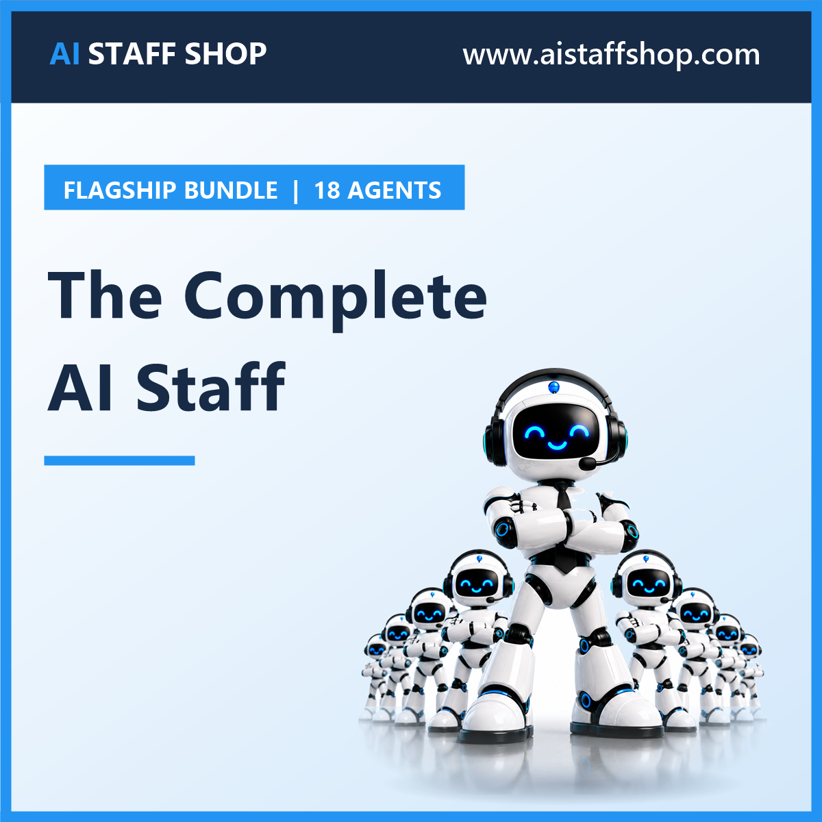 The Complete AI Staff flagship bundle cover with boss robot in necktie and his robot team in V-formation