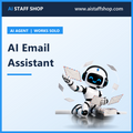 AI Email Assistant product cover with AI Staff Shop robot mascot sorting orbiting envelopes