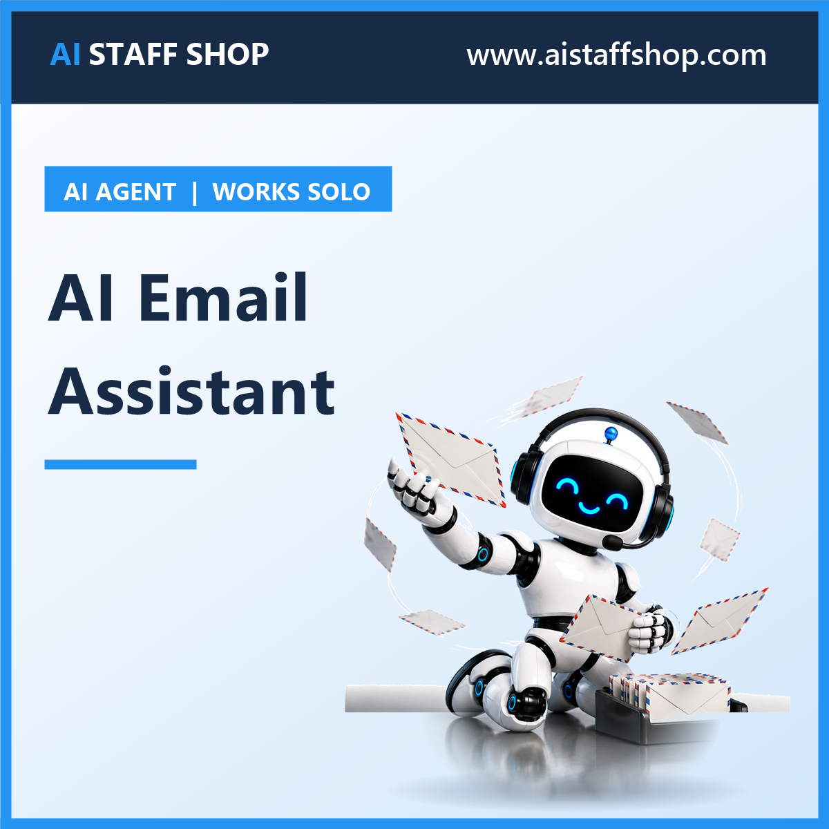 AI Email Assistant product cover with AI Staff Shop robot mascot sorting orbiting envelopes