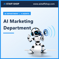 AI Marketing Department product cover with AI Staff Shop robot mascot shouting into a megaphone with blue sound waves