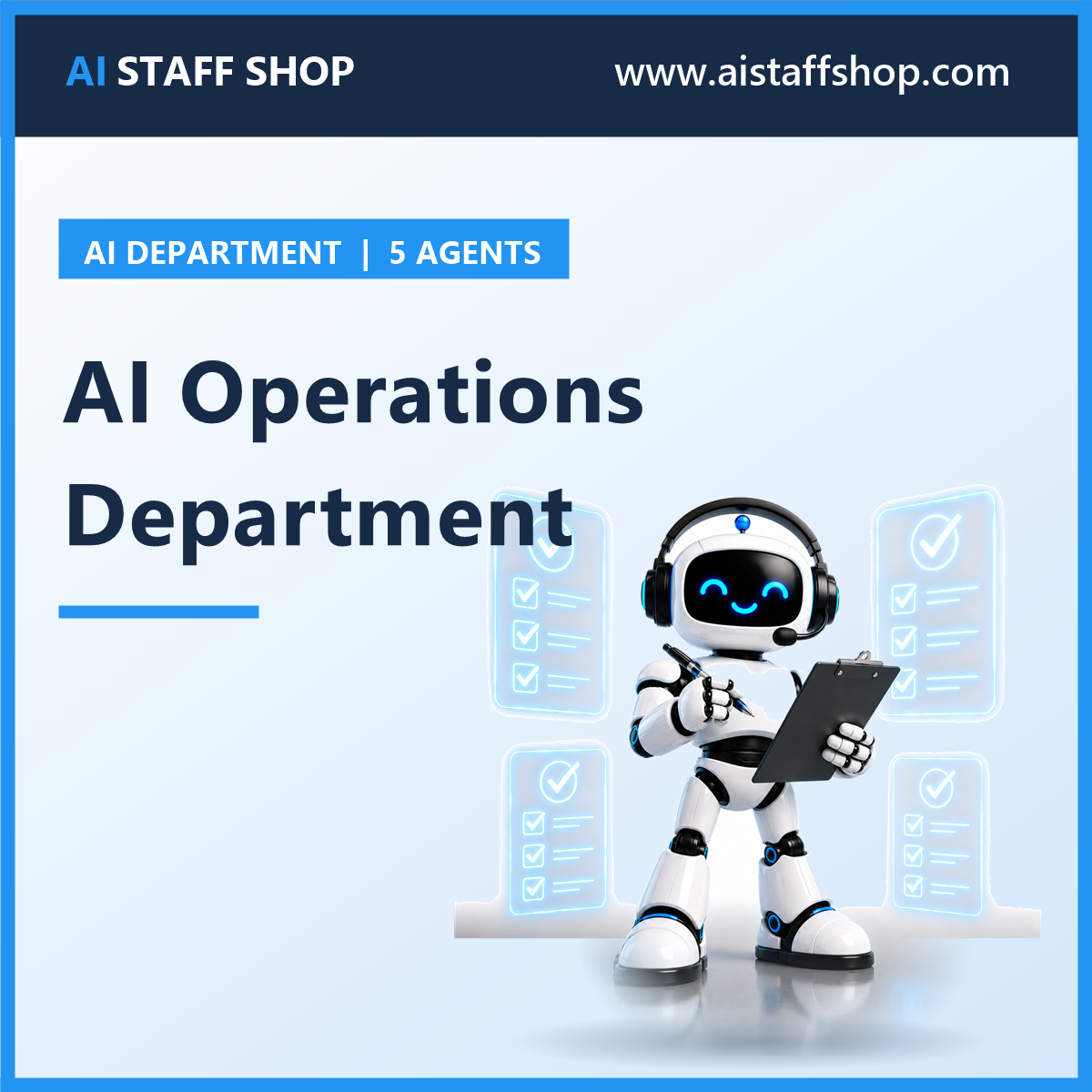 AI Operations Department product cover with AI Staff Shop robot mascot writing on clipboard among holographic checklists