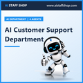 AI Customer Support Department product cover with AI Staff Shop robot mascot pressing headset with thumbs up