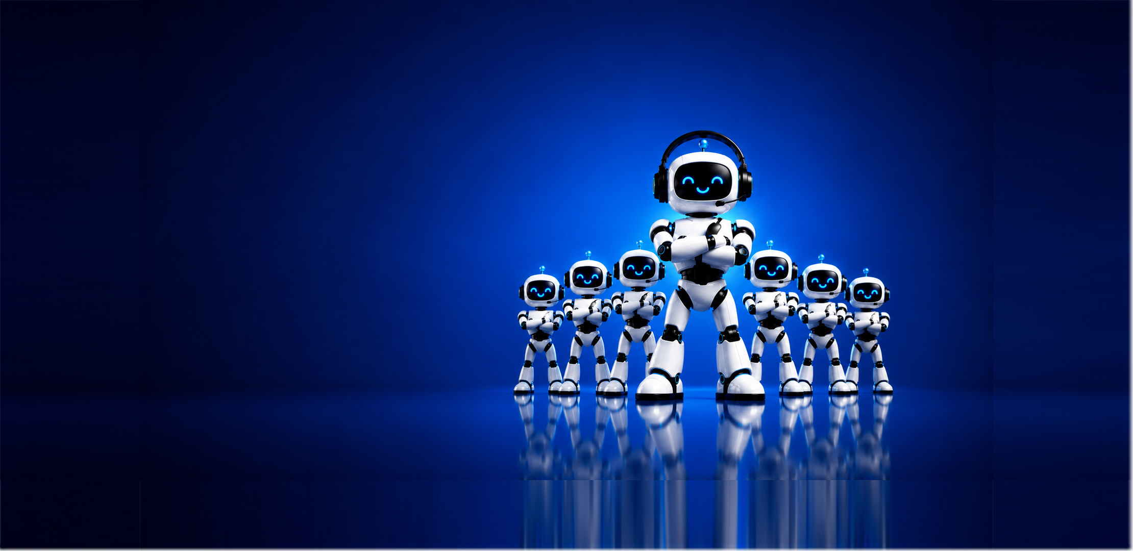 AI Staff Shop boss robot and team on deep blue hero banner